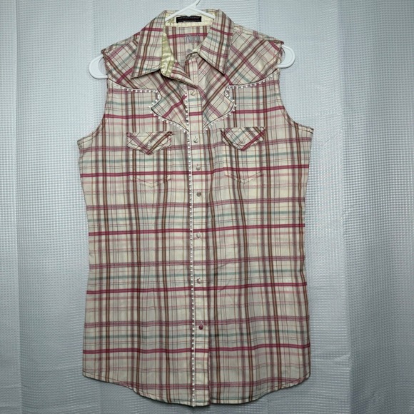 Rock 47 By Wrangler Tops - Rock 47 by Wrangler Sleeveless Shirt M Plaid Rhinestone Pearl Snap WTLH53152‎